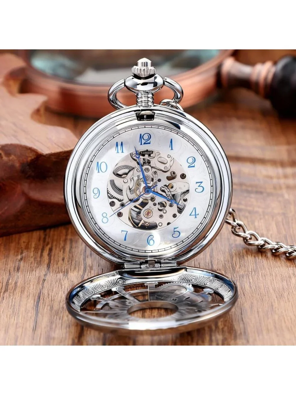 Men's Silver Vintage Style Hollow-Out Round Gear Arabic Mechanical Pocket Watch